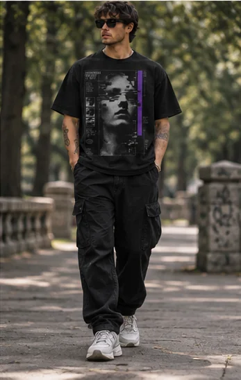 Model walking in the Anonymous Subject tee